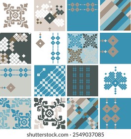 EPS 3916x3299 Pix.118×116 cm 300 DPI jpg
Set of patterned azulejo tiles. Abstract geometric background. Vector illustration in ethnic style. Floor tiles azulejo design. Floor cement tiles collection.