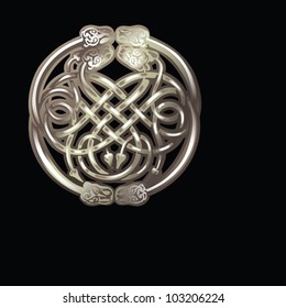 EPS 8/ Celtic charm with snakes - silver on black background