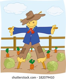 Eps 8 illustration of friendly looking scarecrow who is protecting field from the birds.