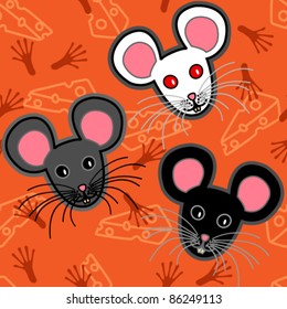 EPS 8: Seamless pattern of cute and fun graphic cartoon grey, black and white mice, with cheese and paw print or tracks over orange background.