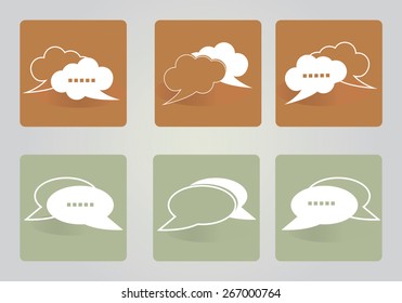 Eps 8 vector illustration of blank empty white, green, brown faded colors, vintage, old style, retro speech bubble, talk, speech cloud isolated on grey wallpaper background. Communication concept.