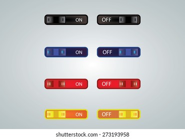 Eps 8 vector illustration of colorful yellow, red, blue, black on, off buttons, bars, power buttons, toggle switch, sliders, disconnect, shut down icon set, collection on white grey background wall