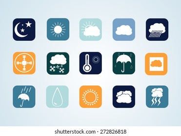 Eps 8 vector illustration set of dark blue green yellow orange weather pictogram buttons symbols icons for website meteorology applications isolated on light background wall. No transparencies applied