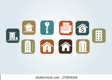 Eps 8 vector illustration set of blue green yellow orange brown real estate pictogram buttons symbols icons sign for web site applications isolated on light background wall No transparencies applied