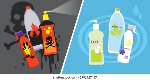 Ilustración vectorial EPS 8 que muestra el cambio para productos de limpieza domésticos ecológicos de los potencialmente peligrosos