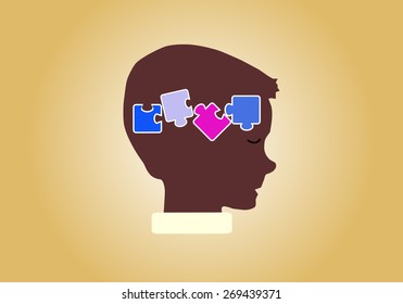 Eps 8 vector illustration of silhouette of boy, kid, child, person with puzzle in his head isolated on yellow background wall. Good decision, business idea, discovery, achievement, success concept.