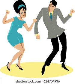 EPS 8 Vector Illustration Of A Stylish Couple Dressed In 1960s Fashion Dancing The Twist, No Transparencies