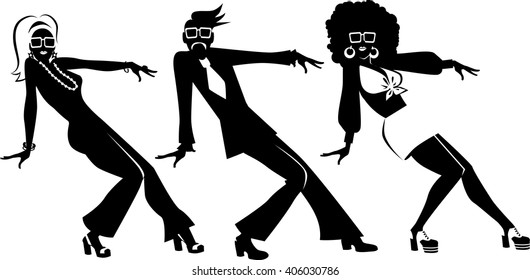 EPS 8 vector silhouette of three people dressed in 1970s fashion dancing, no white objects 