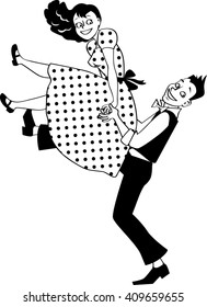 EPS 8 vector silhouette of a young couple dressed in vintage fashion performing a rock and roll lift, no white objects