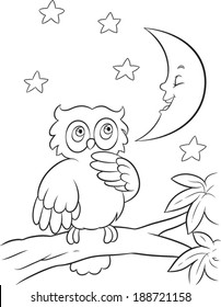 Eps 8. vector of thoughtful owl on branch in the night.