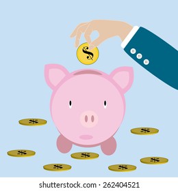 Eps 8 vectorial illustration of colorful pink piggy bank with hand with a dollar coin on blue background. Flat style vector icon money saving concept symbol. Financial growth, retirement pension fund.