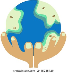 EPS file 3000*3000 300 dpi. A paper cutout portraying hands cradling or holding the Earth, meticulously crafted from paper to symbolize care, protection, and stewardship of the planet.