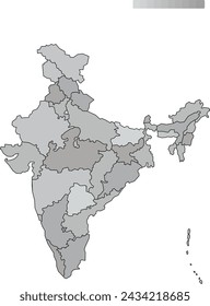 "Archivo EPS del nuevo mapa de India, con estados y territorios de la unión en capas separadas. Disponible en gris para un aspecto profesional. Incluye Ladakh y JK. Perfecto para educación y presentaciones".