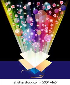 EPS file with transparencies and blending modes: A rainbow of light and other elements flow from an open box