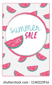 EPS. Flat vector graphic. Summer sale banner. Promotion, marketing. Discount ad with beautiful watermelon slices background.