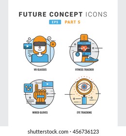 EPS Future Concept Icons Part 5, Including famous technology such as VR Glasses, Fitness Tracker and many others, to be use in app, website, blog, poster, event, or as a graphic element.