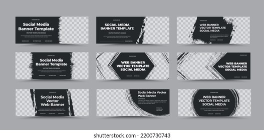 EPS horizontal vector web banner template, black background with text, company info, place for photo, brochure design in brush strokes. Set. Gift voucher with creative illustration for social media.
