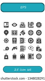 eps icon set. 25 filled eps icons.  Collection Of - 3d printer, Eye, Measure, Wheel, Gps, Wheels, Eco bag, Tape measure, Gas station, Shopping bag, Dissection