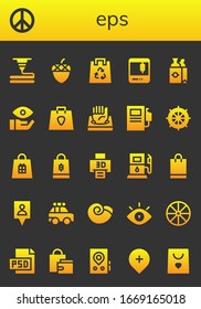 eps icon set. 26 filled eps icons. Included 3d printer, Peace sign, Acorn, Eco bag, Shopping bag, Eye, Fuel station, Wheel, Gas station, Gps, Police car, Winkle, Psd icons