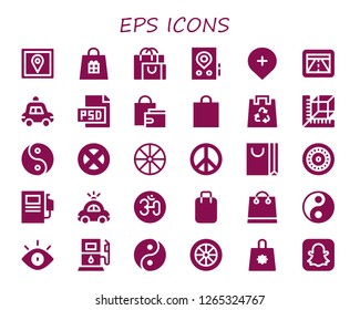  eps icon set. 30 filled eps icons. Simple modern icons about  - Gps, Shopping bag, Police car, Psd, Eco bag, Measure, Yin yang, Wheel, Peace sign, Fuel station, Om, Eye, Gas station