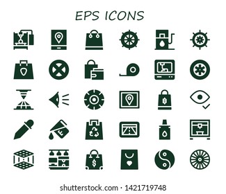 eps icon set. 30 filled eps icons.  Simple modern icons about  - 3d printer, Gps, Shopping bag, Wheel, Gas station, Tape measure, Wheels, Eye, Eyedropper, Measure, Eco bag, Yin yang