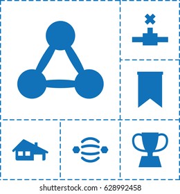 Eps icon. set of 6 eps filled icons such as house building, trophy, flag, atom interaction