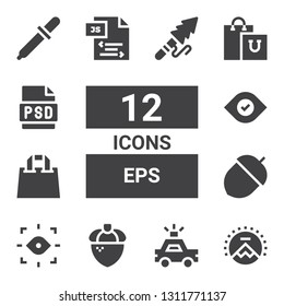 eps icon set. Collection of 12 filled eps icons included Paramount, Police car, Acorn, Eye, Shopping bag, Js, Psd, Eyedropper, Harpoon