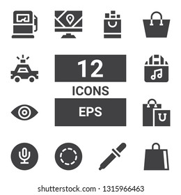 eps icon set. Collection of 12 filled eps icons included Shopping bag, Eyedropper, Gif, Recording, Eye, Gps, Police car, Gas pump