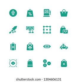 eps icon set. Collection of 16 filled eps icons included Shopping bag, Buttons, Eye, Police car, Allocation, Wheel, Harpoon, Gas pump, Recording