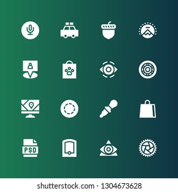 eps icon set. Collection of 16 filled eps icons included Wheel, Eye, Gps, Psd, Shopping bag, Dropper, Gif, Paramount, Acorn, Police car, Recording