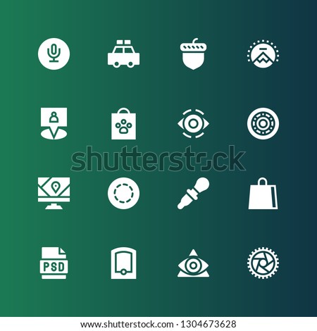 eps icon set. Collection of 16 filled eps icons included Wheel, Eye, Gps, Psd, Shopping bag, Dropper, Gif, Paramount, Acorn, Police car, Recording