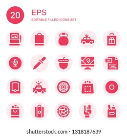 eps icon set. Collection of 20 filled eps icons included Gas pump, Shopping bag, Kettlebell, Police car, Recording, Eyedropper, Acorn, Gps, Js, Wheel, Maloik