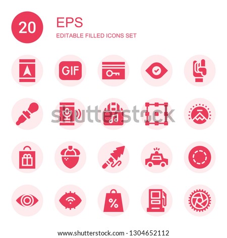 eps icon set. Collection of 20 filled eps icons included Gps, Gif, Key card, Eye, Maloik, Dropper, Recording, Shopping bag, Allocation, Paramount, Acorn, Harpoon, Police car, Gasoline station