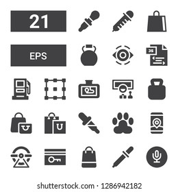 eps icon set. Collection of 21 filled eps icons included Recording, Eyedropper, Shopping bag, Key card, Wheel, Gps, Paw, Dropper, Kettlebell, Allocation, Gasoline station, Js