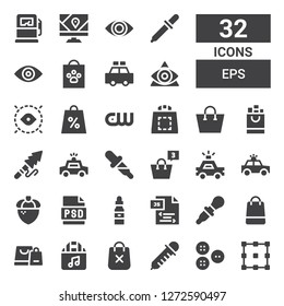 eps icon set. Collection of 32 filled eps icons included Allocation, Buttons, Dropper, Shopping bag, Js, Psd, Acorn, Police car, Harpoon, Cw, Eye, Eyedropper, Gps, Gas pump