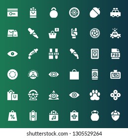 eps icon set. Collection of 36 filled eps icons included Acorn, Kettlebell, Shopping bag, Buttons, Paw, Eye, Wheel, Gps, Paramount, Gif, Psd, Dropper, Police car, Maloik, Key card