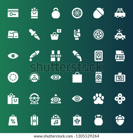eps icon set. Collection of 36 filled eps icons included Acorn, Kettlebell, Shopping bag, Buttons, Paw, Eye, Wheel, Gps, Paramount, Gif, Psd, Dropper, Police car, Maloik, Key card