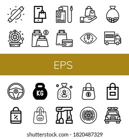 eps icon set. Collection of Led light, Wheel, Shopping bag, Bag, Power bank, Eye, Prisoner transport vehicle, Steering wheel, Kettlebell, Dolmen, Police car icons