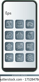 eps icon set. included gift, calendar, online shop, sale, package, shirt, chat, price tag, delivery truck, internet, shopping basket icons on phone design background . linear styles.