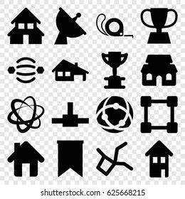 Eps icons set. set of 16 eps filled icons such as tape, satellite, home, house building, trophy, flag, atom interaction