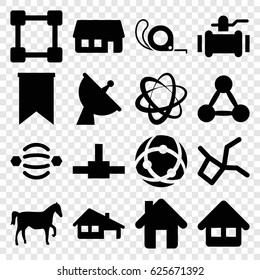 Eps icons set. set of 16 eps filled icons such as tape, pump, satellite, home, house building, flag, horse, atom interaction