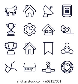 eps icons set. Set of 16 eps outline icons such as tape, safe, satellite, home, house building, flag, gear clock, horse, trophy