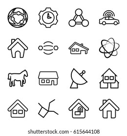 Eps icons set. set of 16 eps outline icons such as police car, satellite, home, house building, home lock, gear clock, horse, atom interaction