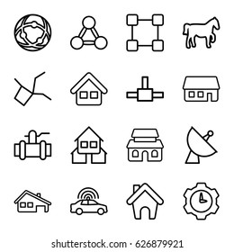 Eps icons set. set of 16 eps outline icons such as police car, pump, satellite, home, house building, gear clock, horse