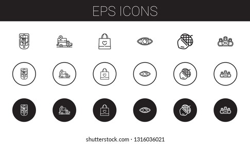 eps icons set. Collection of eps with gps, shopping bag, eye, acorn, kettlebell. Editable and scalable eps icons.