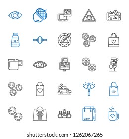 eps icons set. Collection of eps with mug, shopping bag, kettlebell, buttons, eye, gps, wheel, oil paint, paw, acorn. Editable and scalable eps icons.