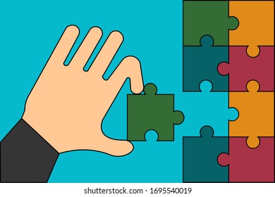 EPS-Illustration des Rätsel-Lösens von Hand und Montage des letzten Gigsaw auf blauem Hintergrund