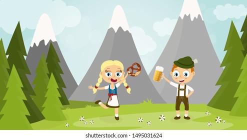 EPS illustration with man and woman holding a beer and pretzel and wearing typical Oktoberfest costume standing on grass with blue sky, mountains of alps and green firs