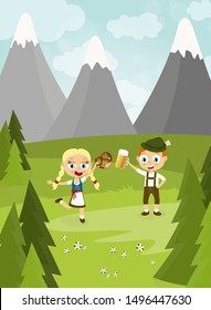 EPS illustration with man and woman holding a beer and pretzel and wearing typical Oktoberfest costume standing on grass with blue sky, mountains of alps and green firs