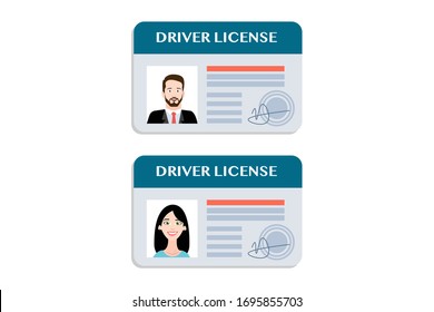 Eps illustration of two driver license cards with photos of man and woman isolated on white background